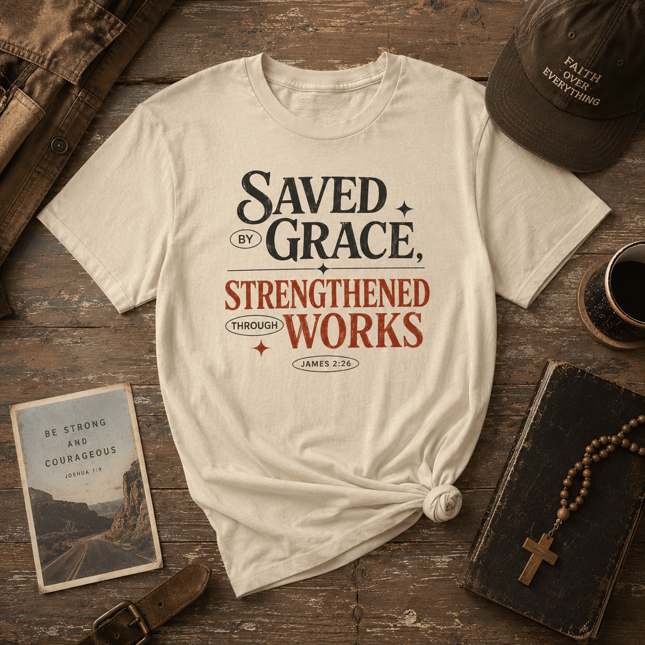Saved by Grace Strengthened by Works T-Shirt | Christian Faith Scripture Tee