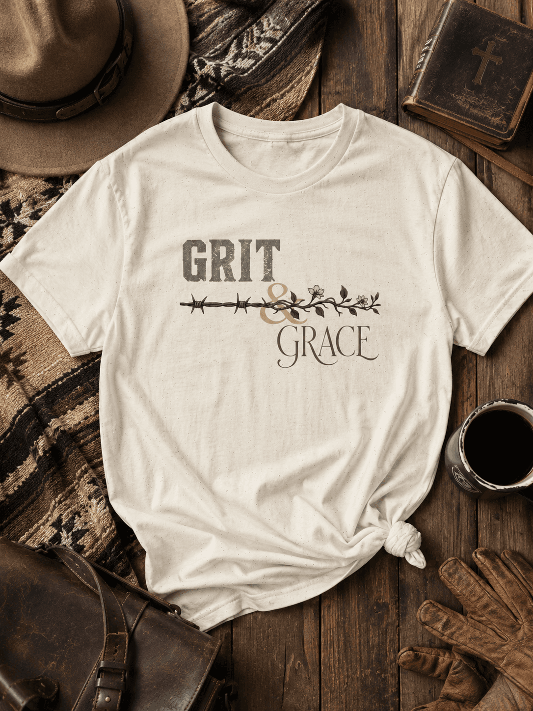 Grit & Grace T-Shirt | Barbed Wire Floral Typography