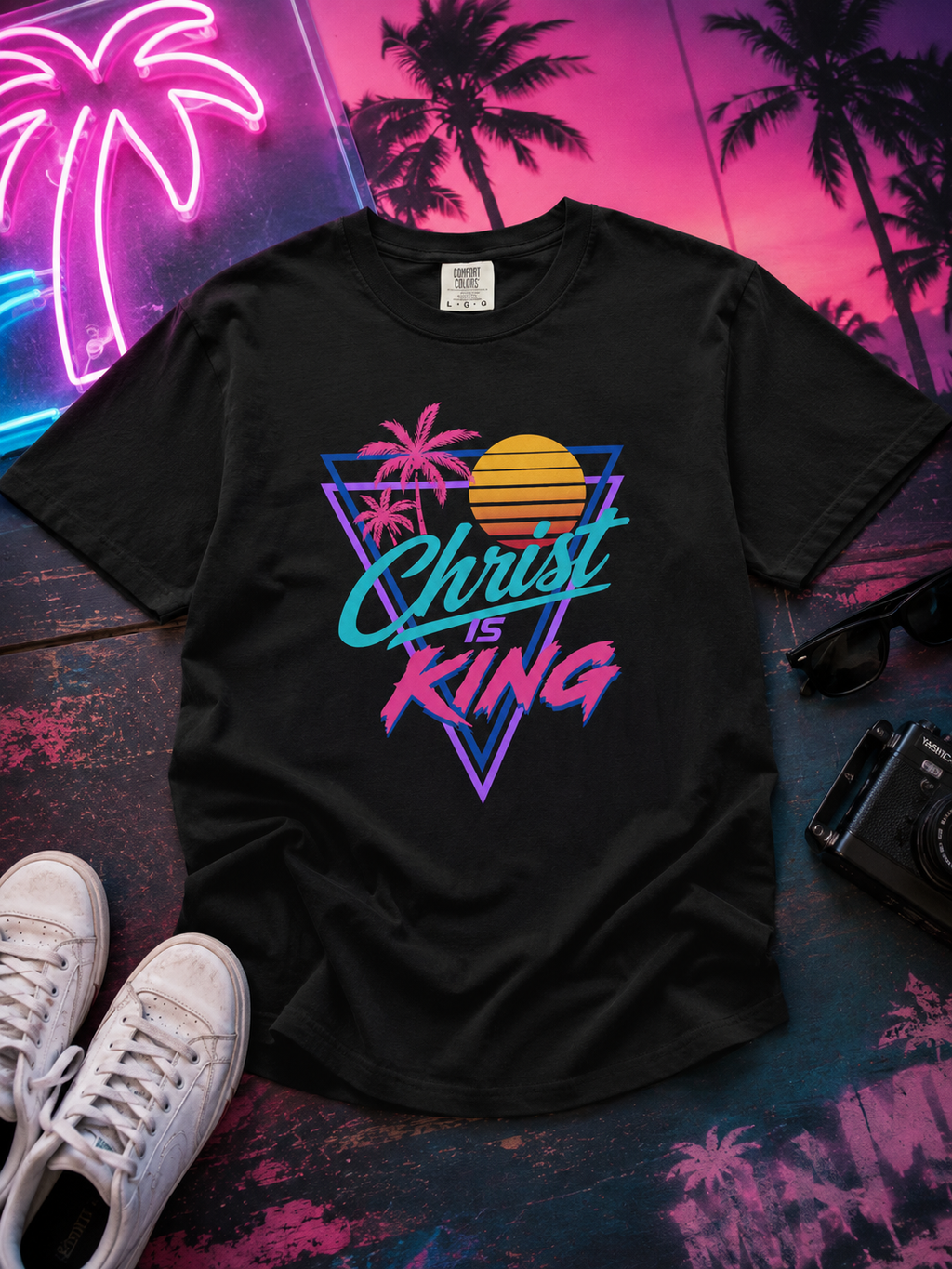 Christ Is King Retro Sunset T-Shirt | Vaporwave Palm Triangle Print