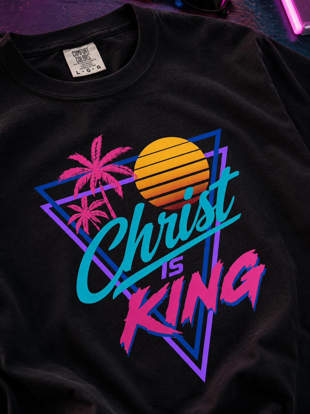 Christ Is King Retro Sunset T-Shirt | Vaporwave Palm Triangle Print