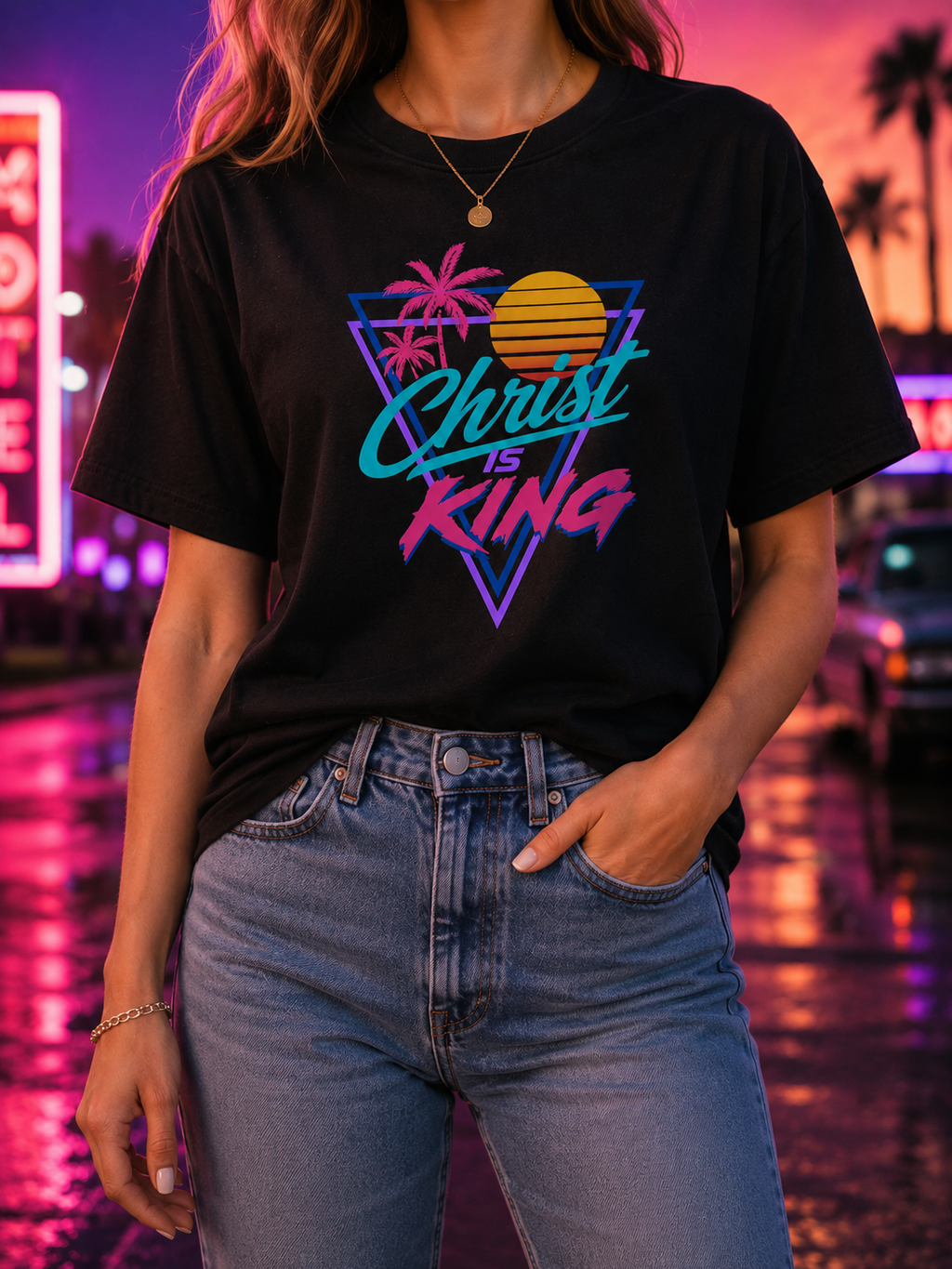 Christ Is King Retro Sunset T-Shirt | Vaporwave Palm Triangle Print