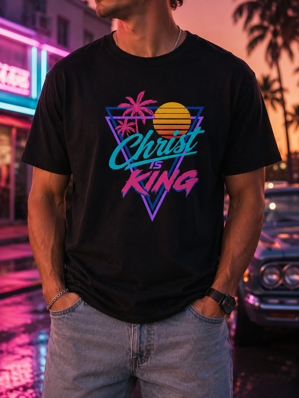 Christ Is King Retro Sunset T-Shirt | Vaporwave Palm Triangle Print