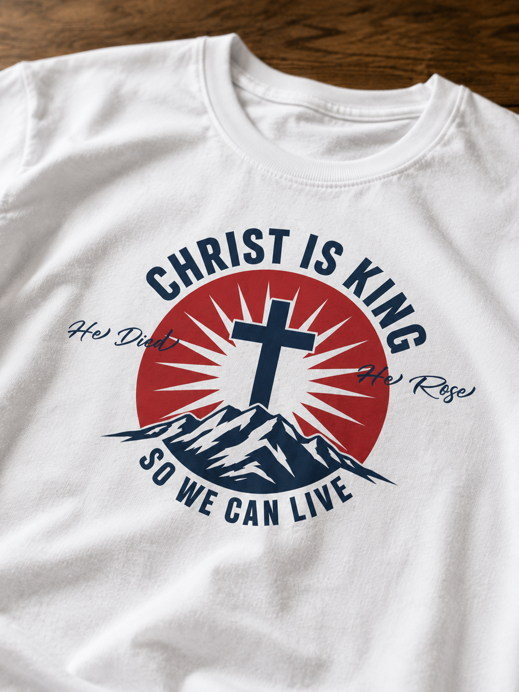 Christ Is King cross sunrise mountain T-Shirt | Christian faith shirt