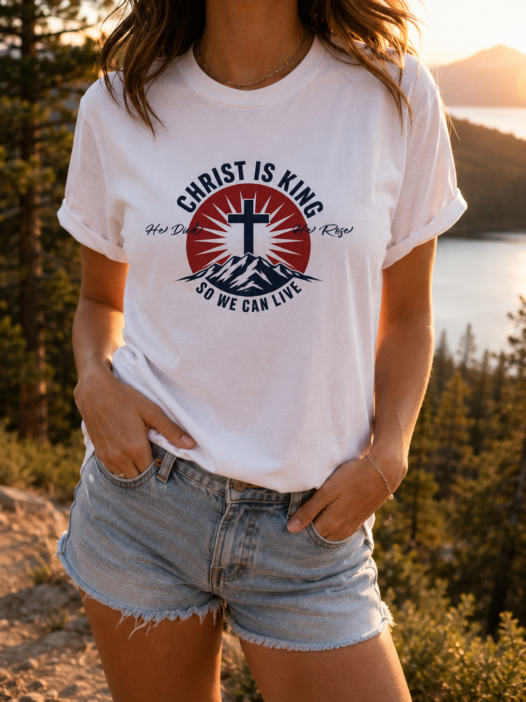 Christ Is King cross sunrise mountain T-Shirt | Christian faith shirt