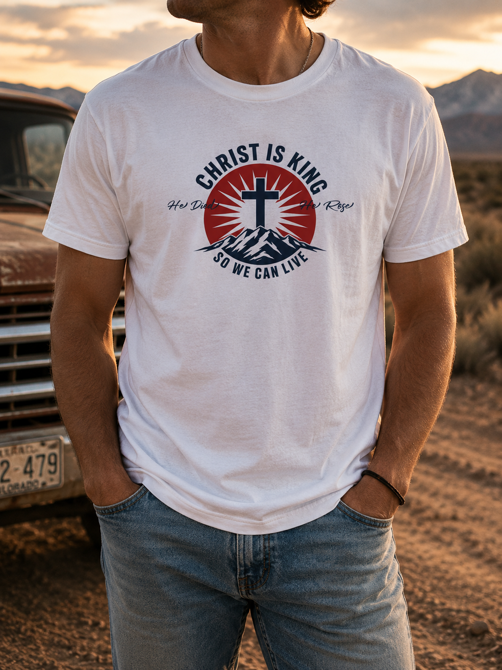 Christ Is King cross sunrise mountain T-Shirt | Christian faith shirt