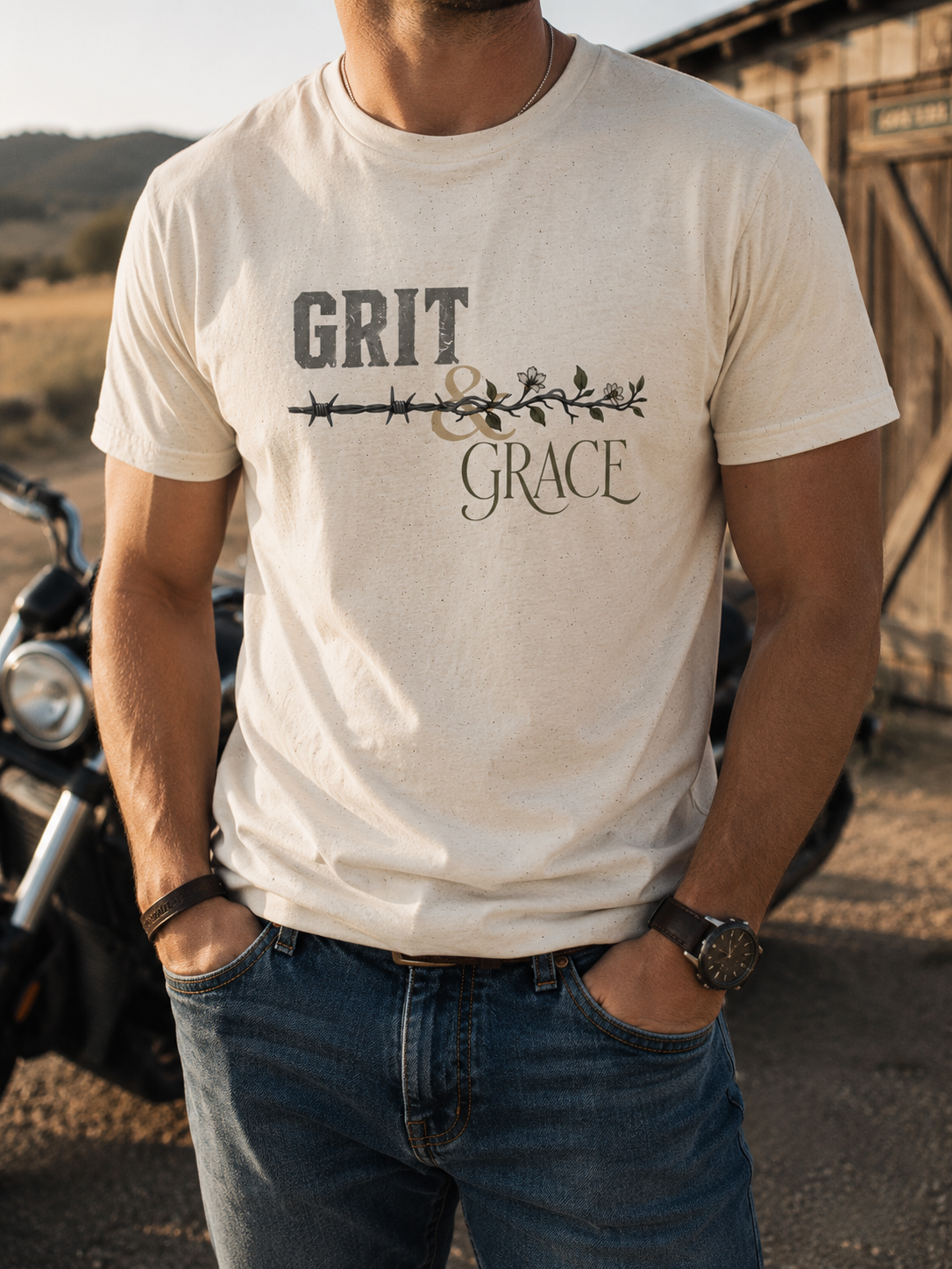 Grit & Grace T-Shirt | Barbed Wire Floral Typography