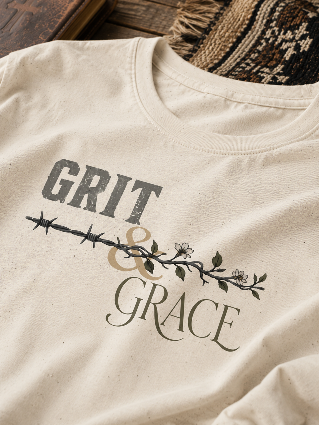 Grit & Grace T-Shirt | Barbed Wire Floral Typography