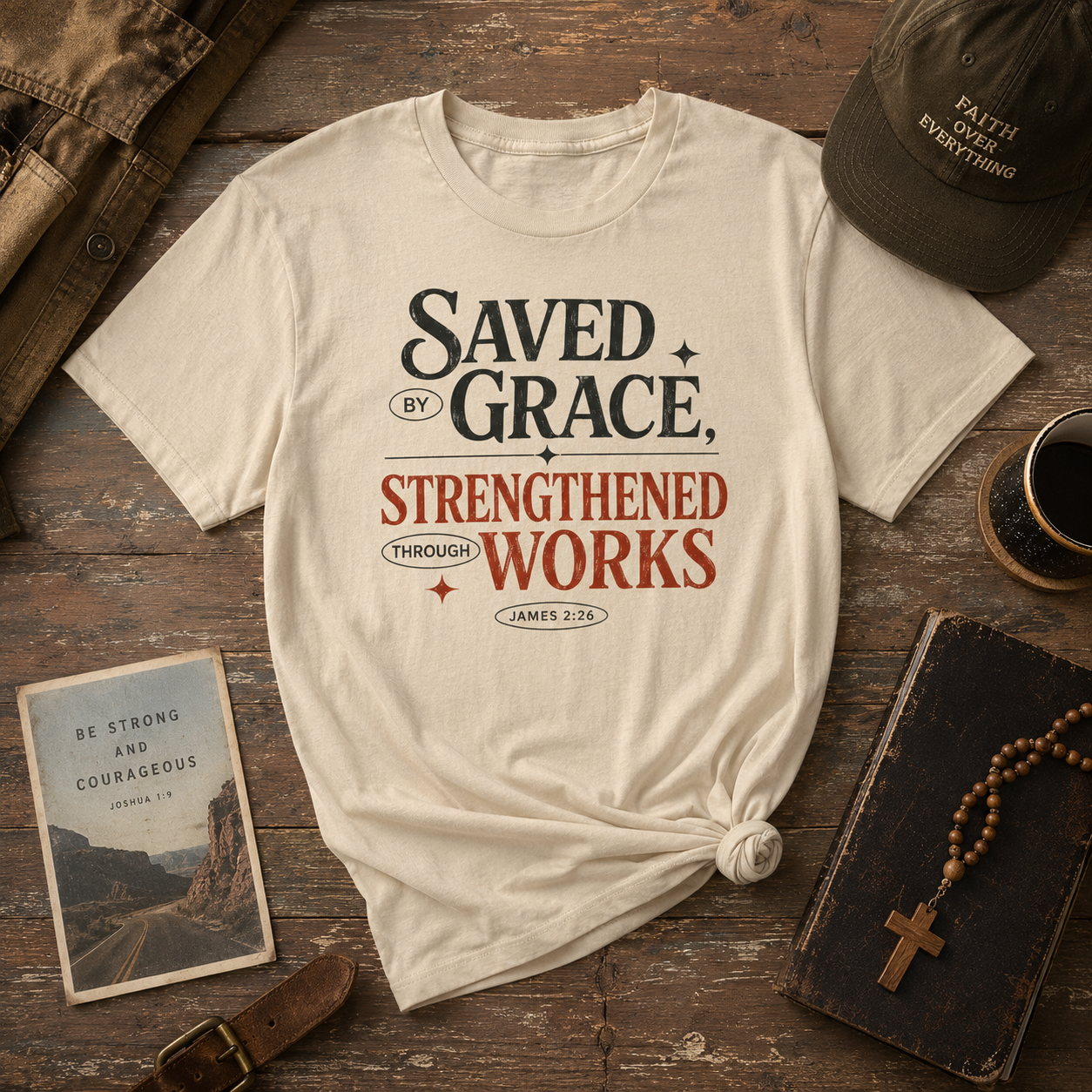 Saved by Grace Strengthened by Works T-Shirt | Christian Faith Scripture Tee