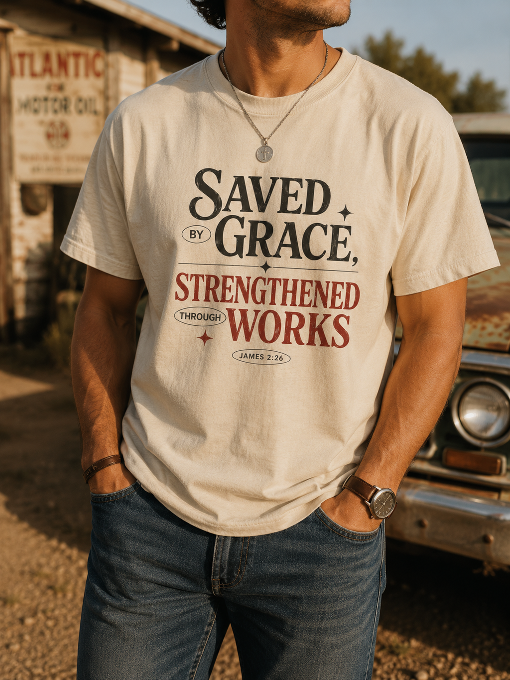 Saved by Grace Strengthened by Works T-Shirt | Christian Faith Scripture Tee