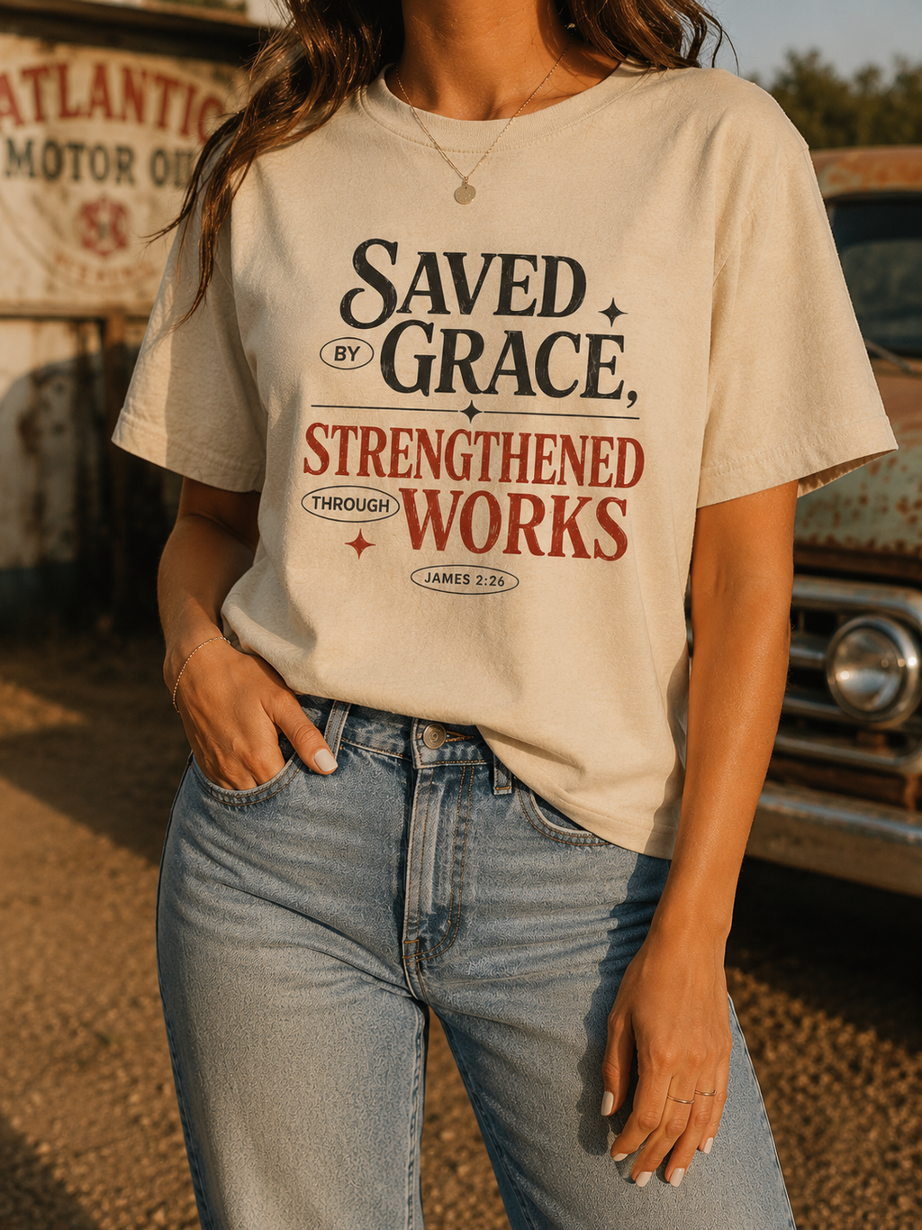 Saved by Grace Strengthened by Works T-Shirt | Christian Faith Scripture Tee