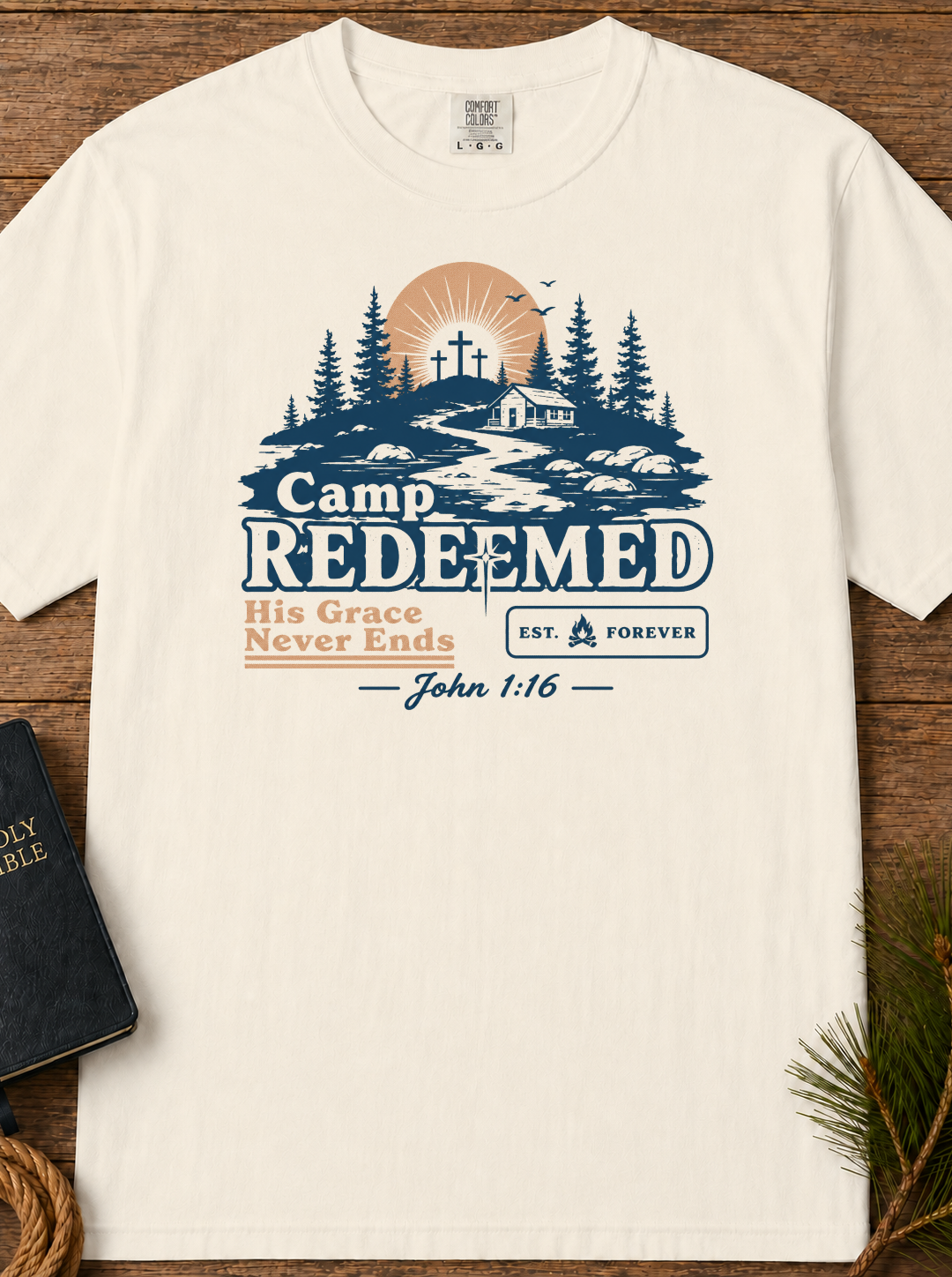 Camp Redeemed T-Shirt — Christian Camp Graphic Tee with John 1:16