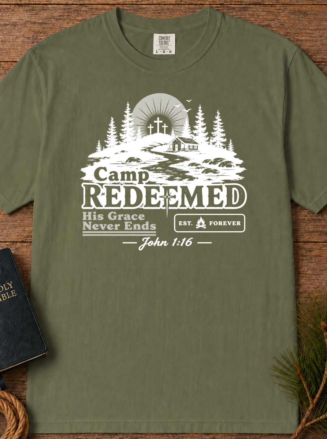 Camp Redeemed T-Shirt — Christian Camp Tee with 'His Grace Never Ends' (John 1:16)