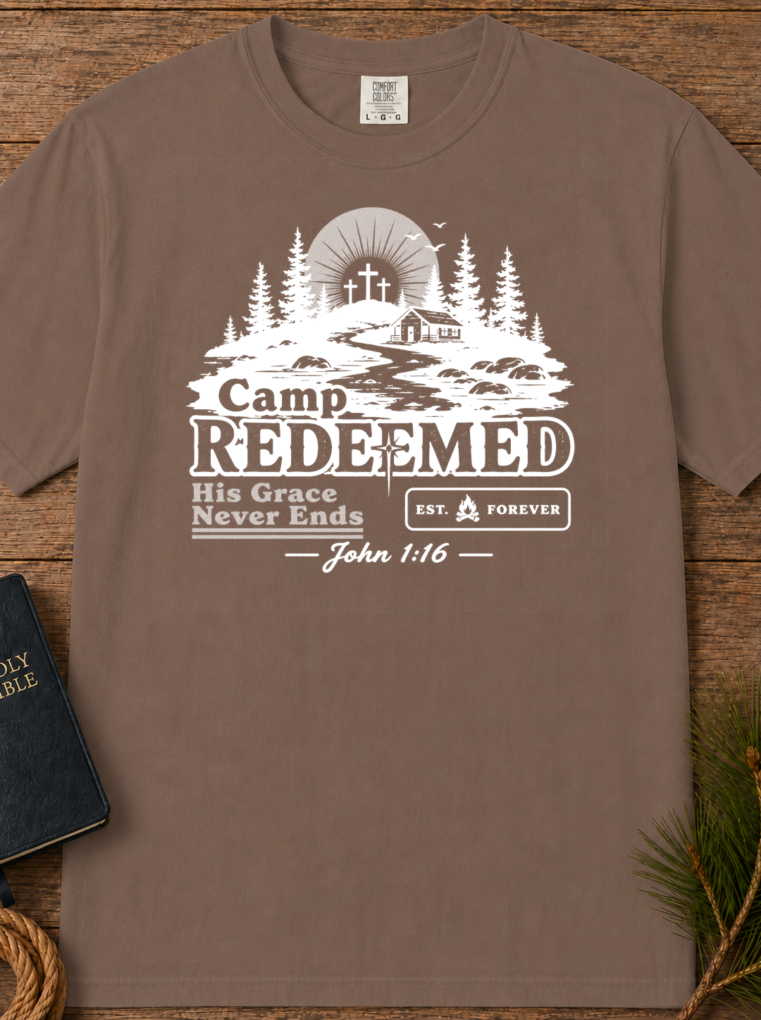 Camp Redeemed T-Shirt — Christian Camp Tee with 'His Grace Never Ends' (John 1:16)
