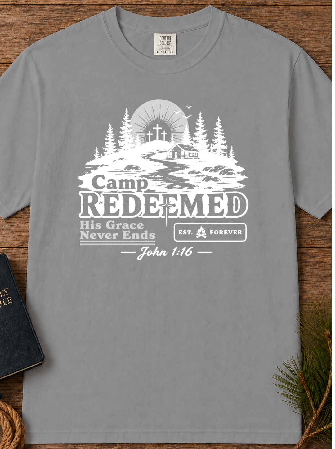 Camp Redeemed T-Shirt — Christian Camp Tee with 'His Grace Never Ends' (John 1:16)