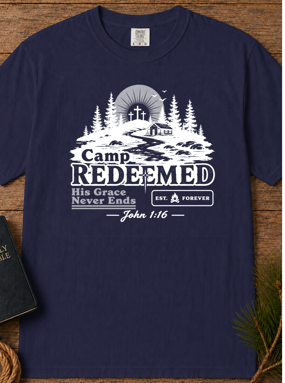 Camp Redeemed T-Shirt — Christian Camp Tee with 'His Grace Never Ends' (John 1:16)