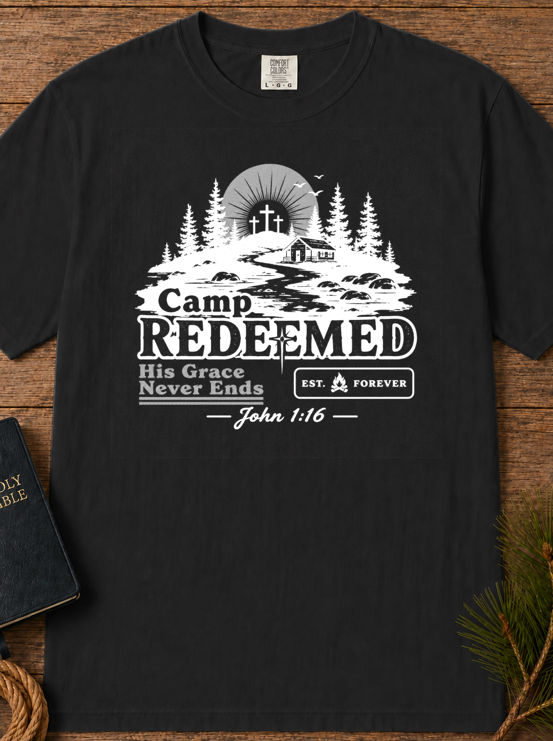 Camp Redeemed T-Shirt — Christian Camp Tee with 'His Grace Never Ends' (John 1:16)