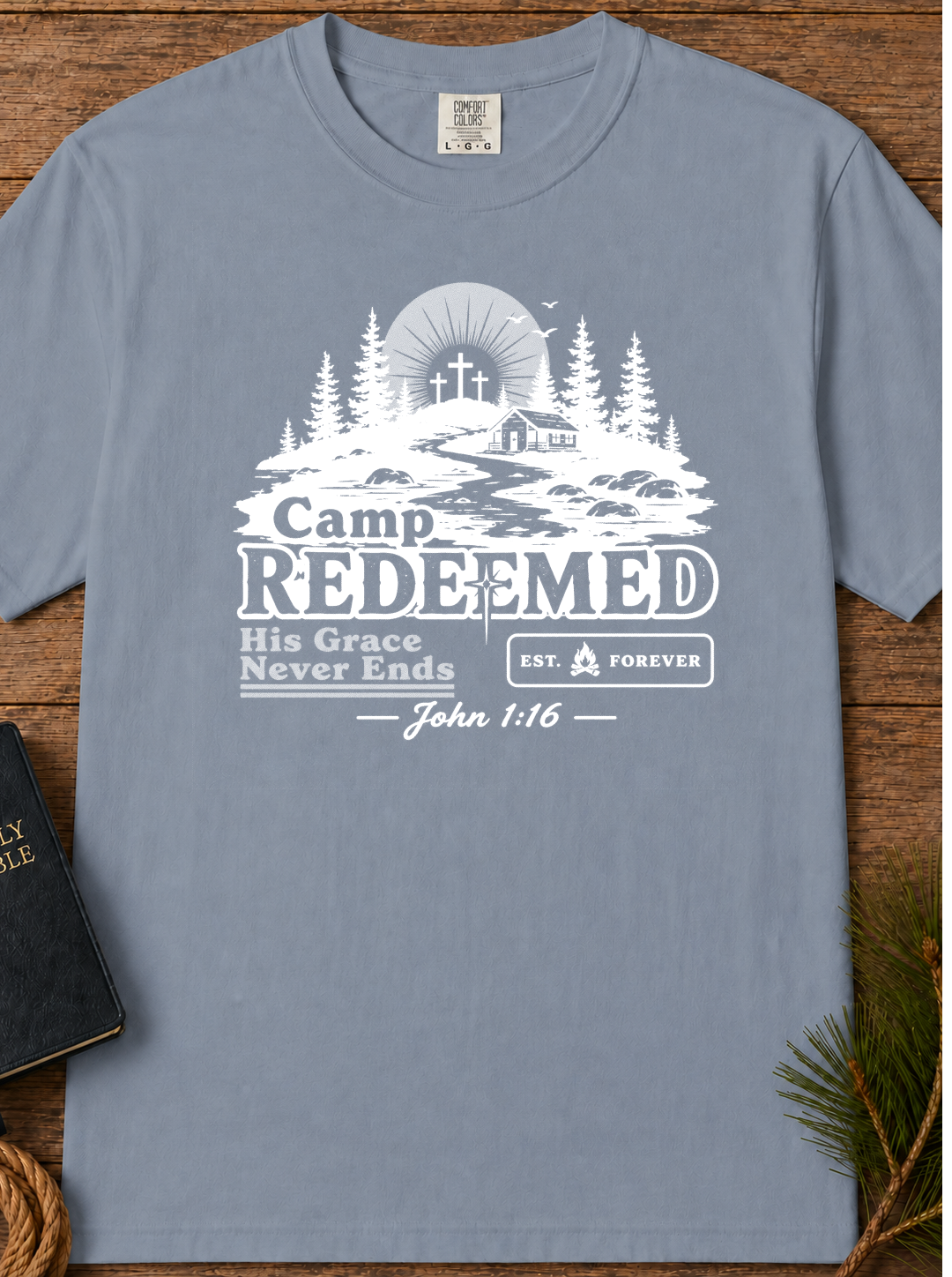 Camp Redeemed T-Shirt — Christian Camp Tee with 'His Grace Never Ends' (John 1:16)