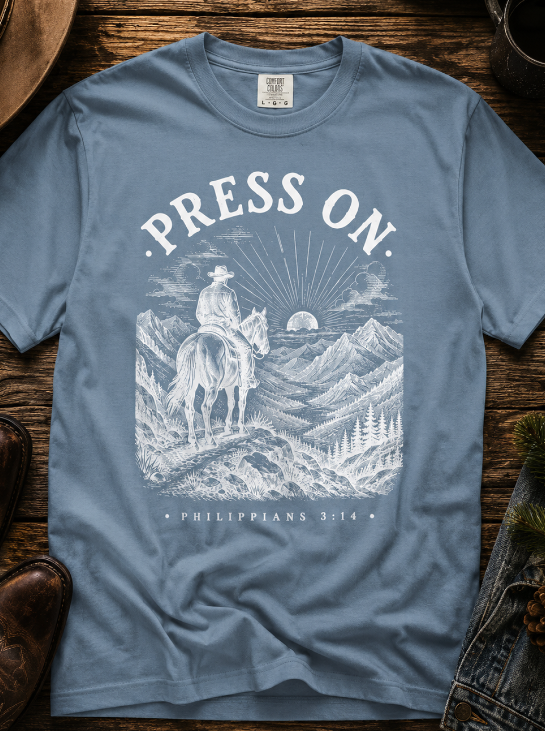Press On T‑Shirt — Christian Cowboy Mountain Graphic (Philippians 3:14)