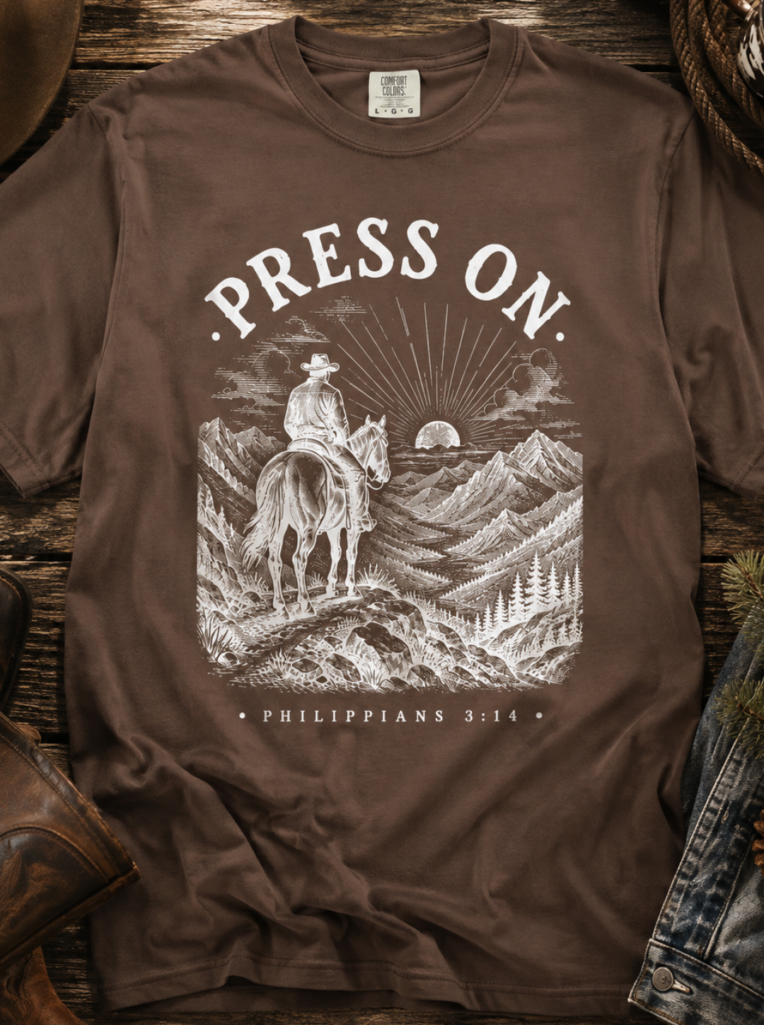 Press On T‑Shirt — Christian Cowboy Mountain Graphic (Philippians 3:14)