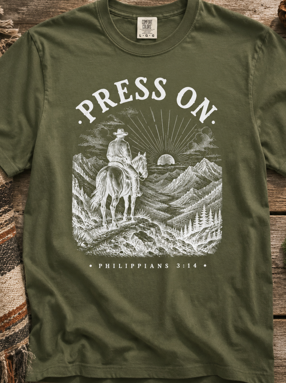 Press On T‑Shirt — Christian Cowboy Mountain Graphic (Philippians 3:14)