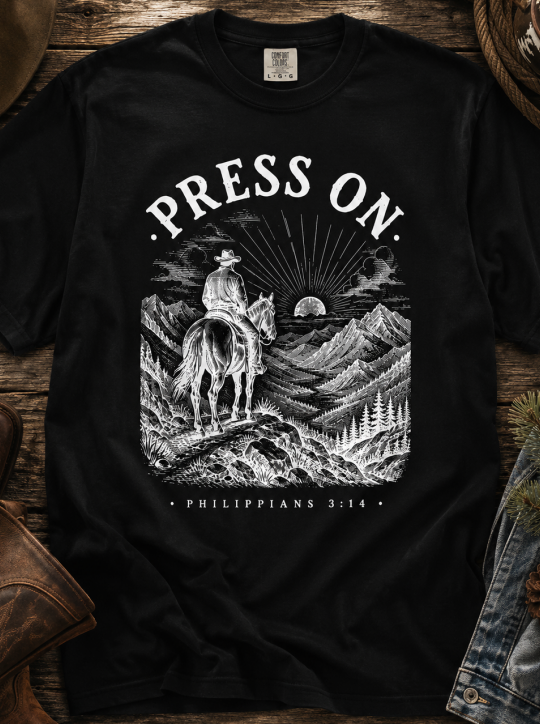 Press On T‑Shirt — Christian Cowboy Mountain Graphic (Philippians 3:14)