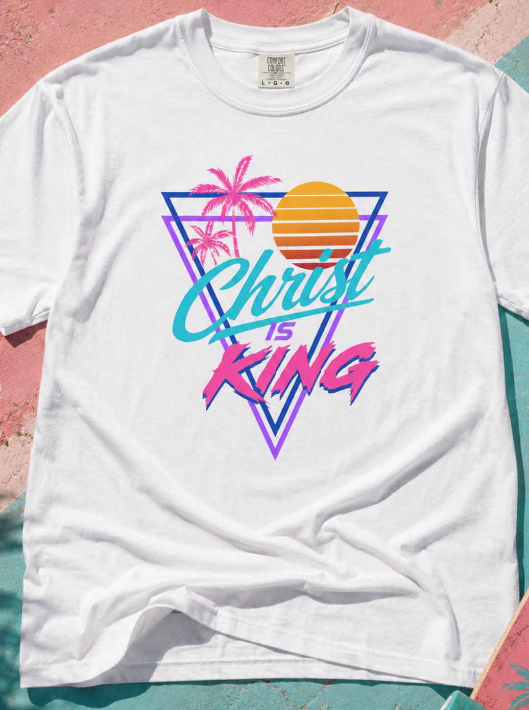 Christ Is King Retro Sunset T-Shirt | Vaporwave Palm Triangle Print