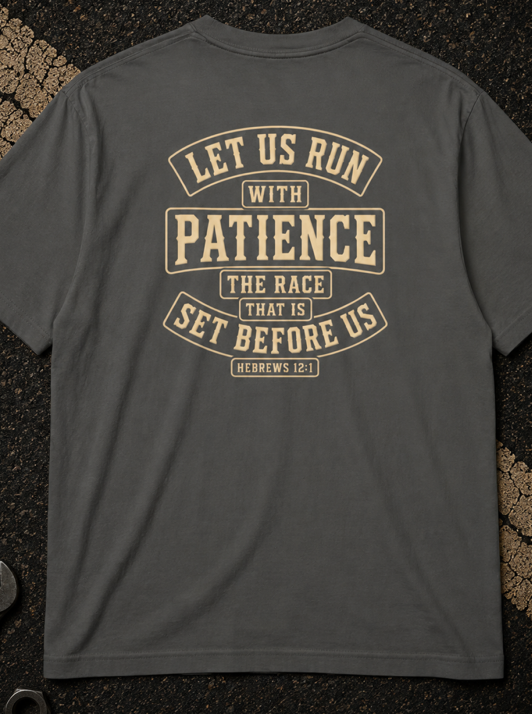 Hebrews 12:1 Run with Patience - Christian Graphic T-Shirt
