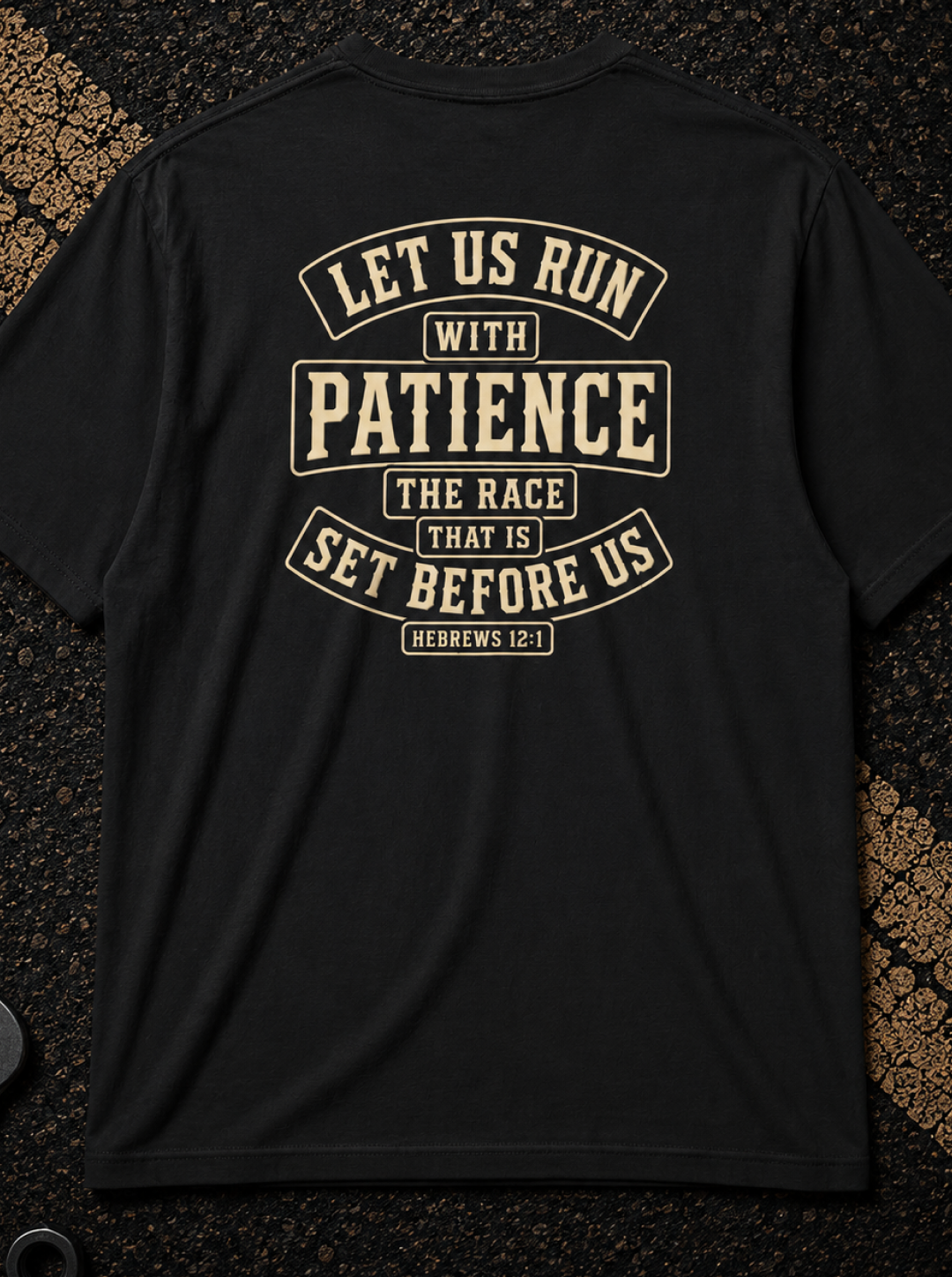 Hebrews 12:1 Run with Patience - Christian Graphic T-Shirt