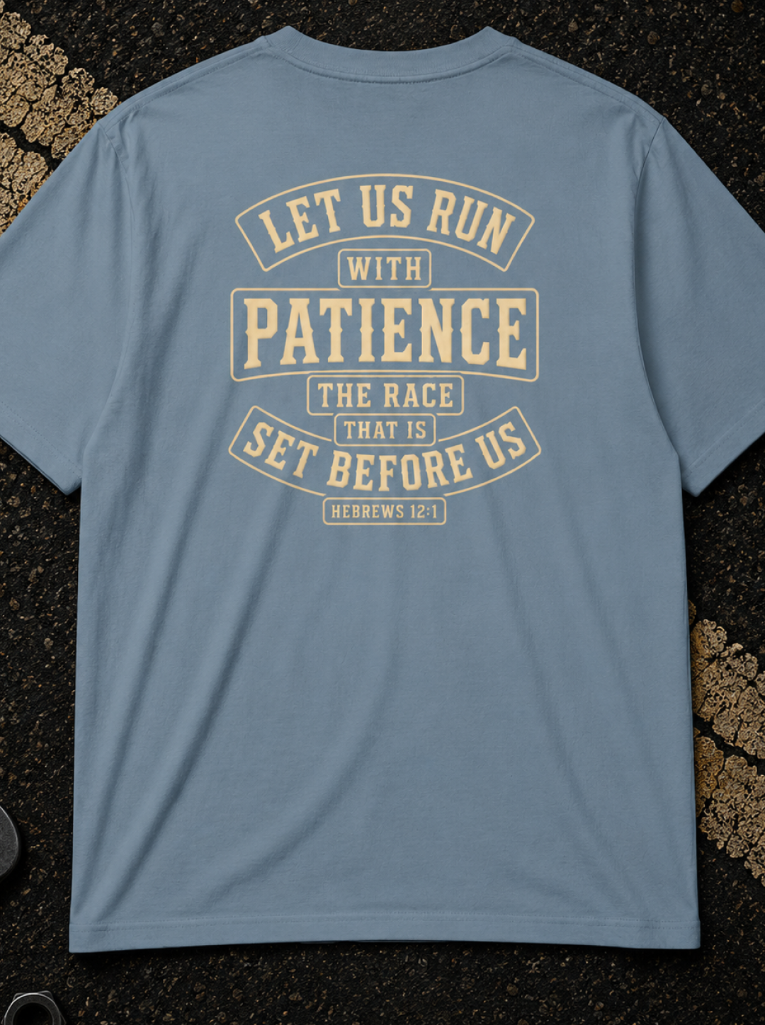 Hebrews 12:1 Run with Patience - Christian Graphic T-Shirt