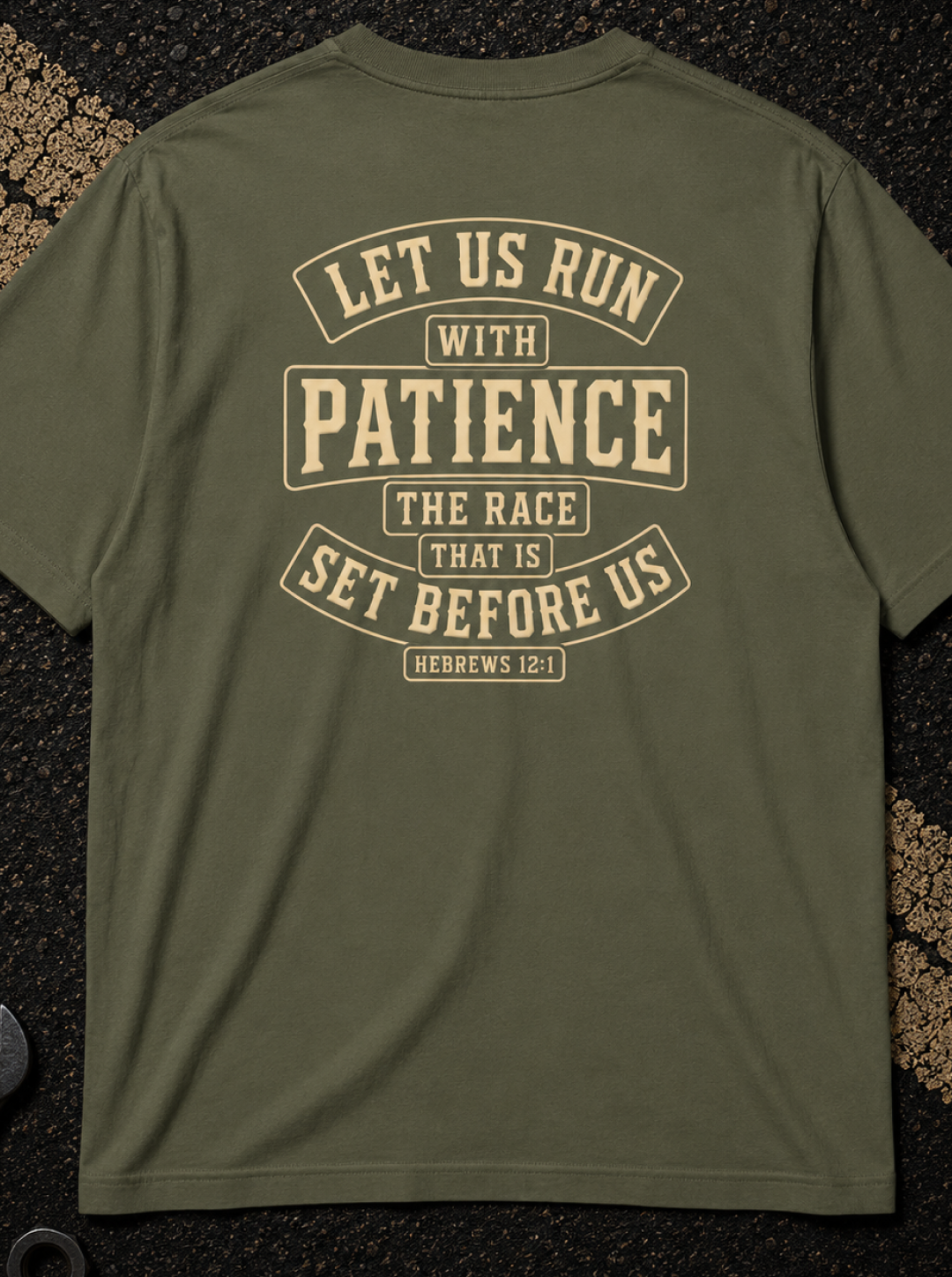Hebrews 12:1 Run with Patience - Christian Graphic T-Shirt