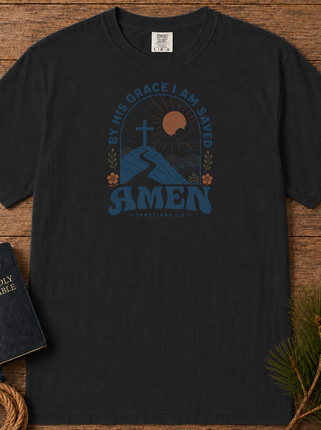 Amen Mountain Cross T-Shirt — "By His Grace I Am Saved" Christian Tee