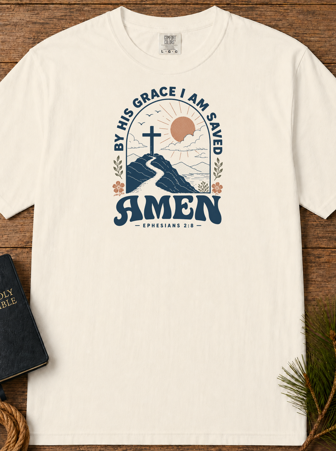 Amen Mountain Cross T-Shirt — "By His Grace I Am Saved" Christian Tee