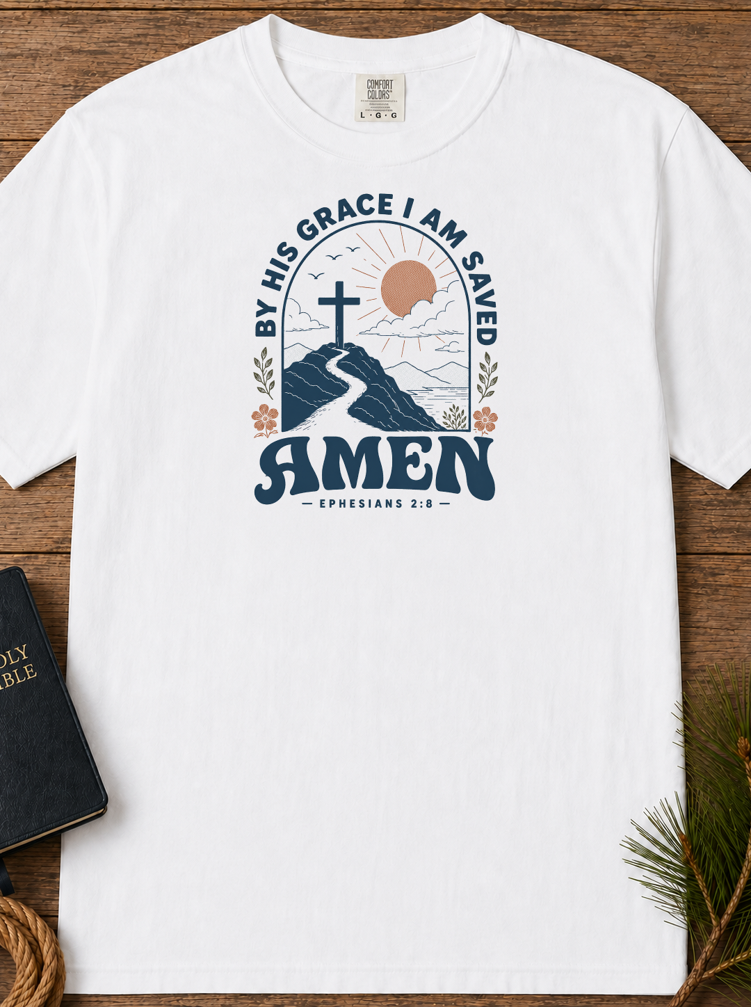 Amen Mountain Cross T-Shirt — "By His Grace I Am Saved" Christian Tee