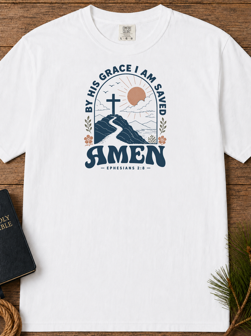 Amen Mountain Cross T-Shirt — "By His Grace I Am Saved" Christian Tee