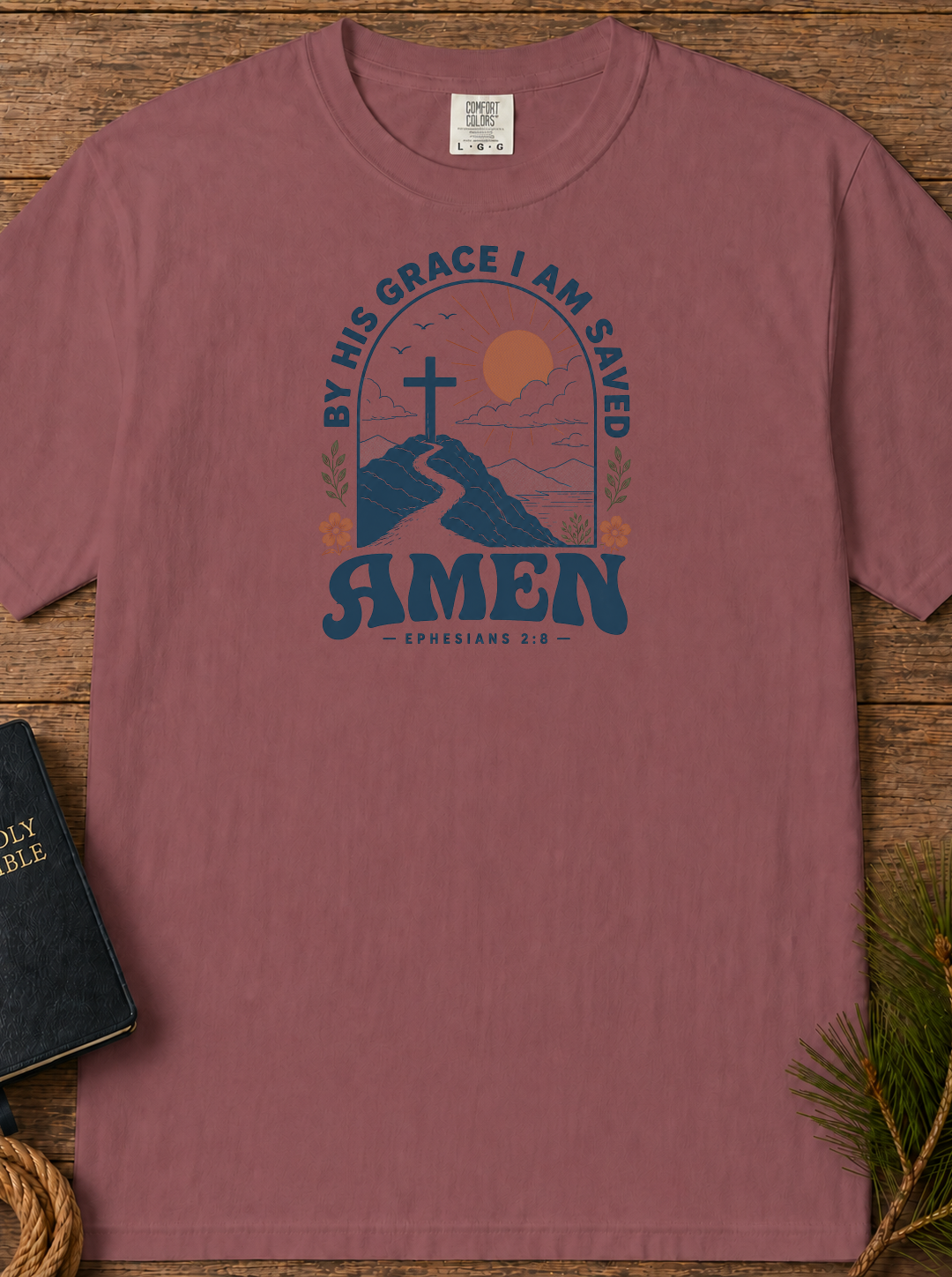 Amen Mountain Cross T-Shirt — "By His Grace I Am Saved" Christian Tee