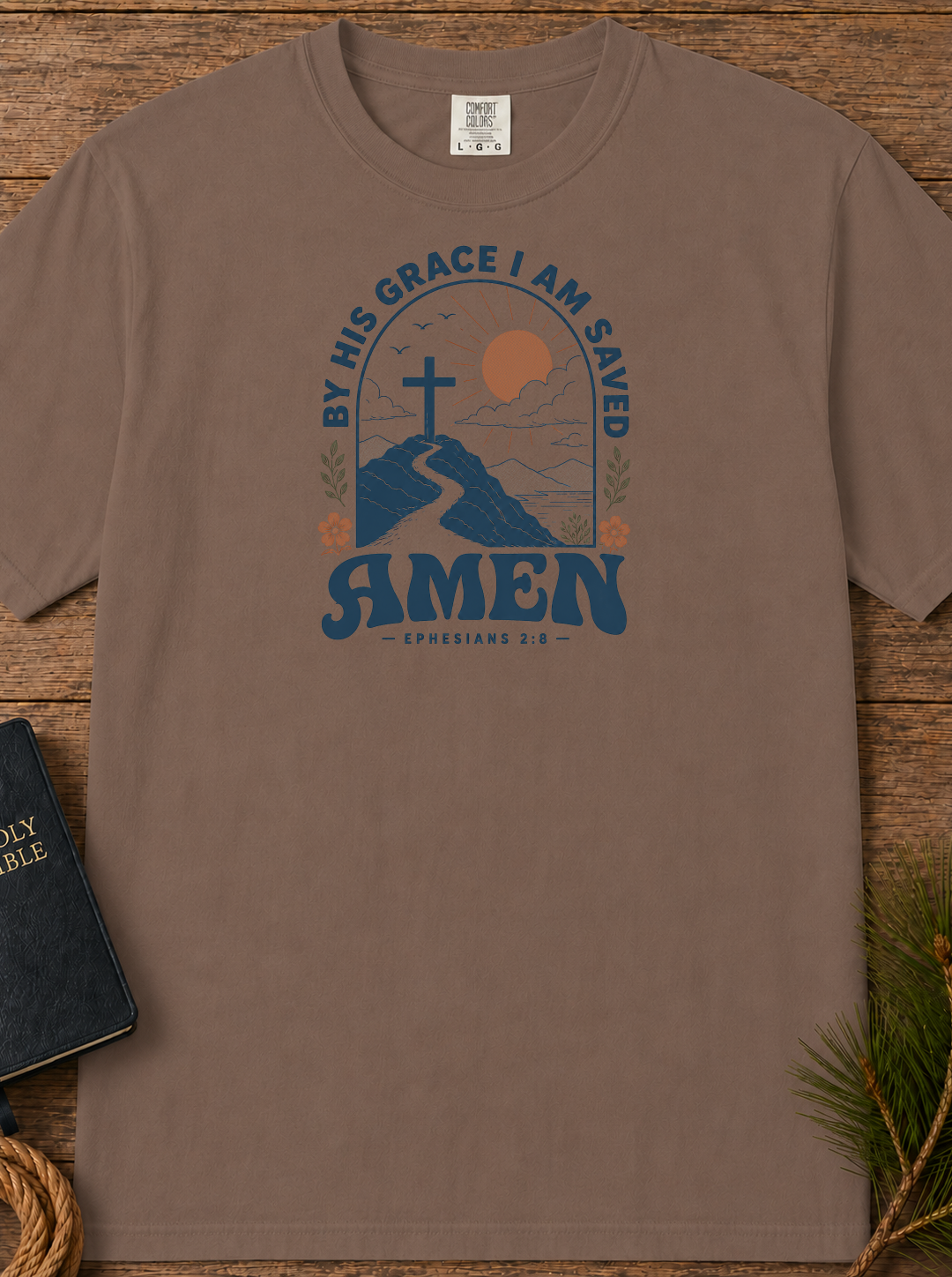 Amen Mountain Cross T-Shirt — "By His Grace I Am Saved" Christian Tee