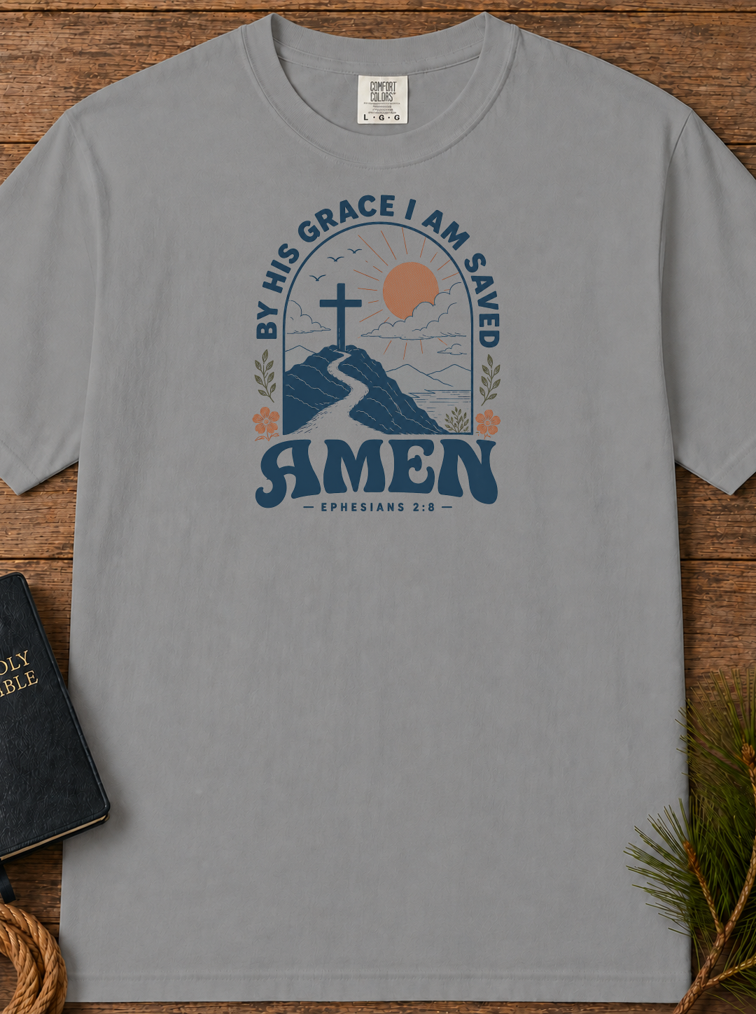 Amen Mountain Cross T-Shirt — "By His Grace I Am Saved" Christian Tee