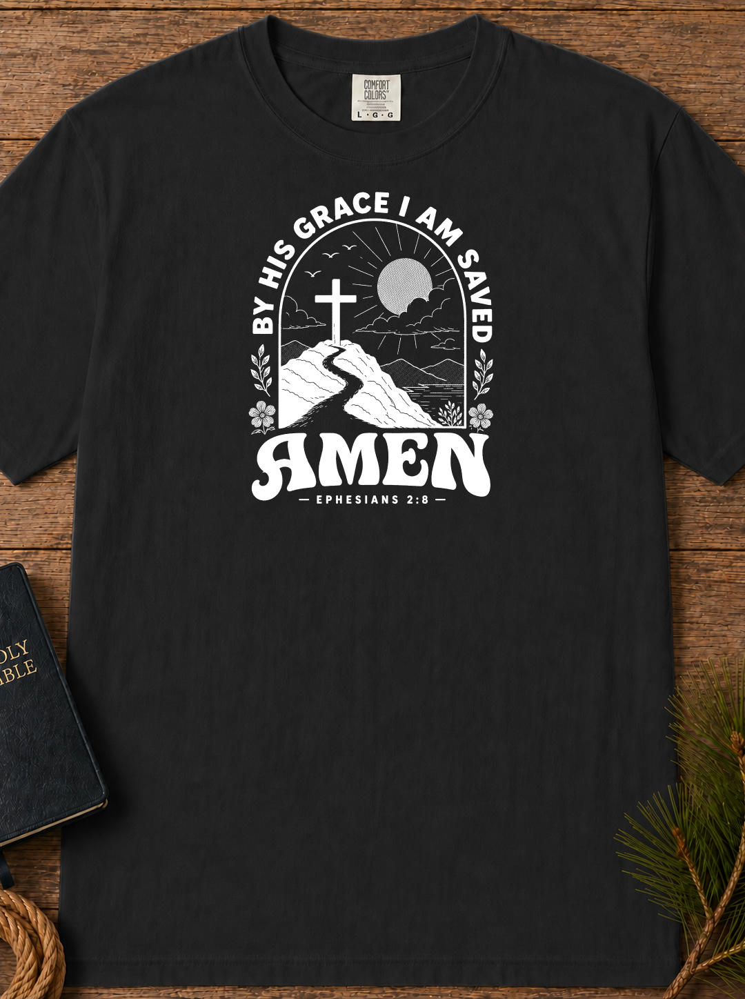 Amen Cross T-Shirt — 'By His Grace I Am Saved' Christian Faith Tee