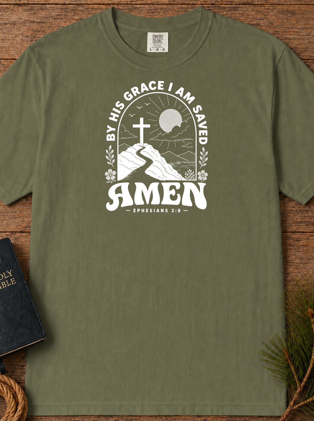 Amen Cross T-Shirt — 'By His Grace I Am Saved' Christian Faith Tee