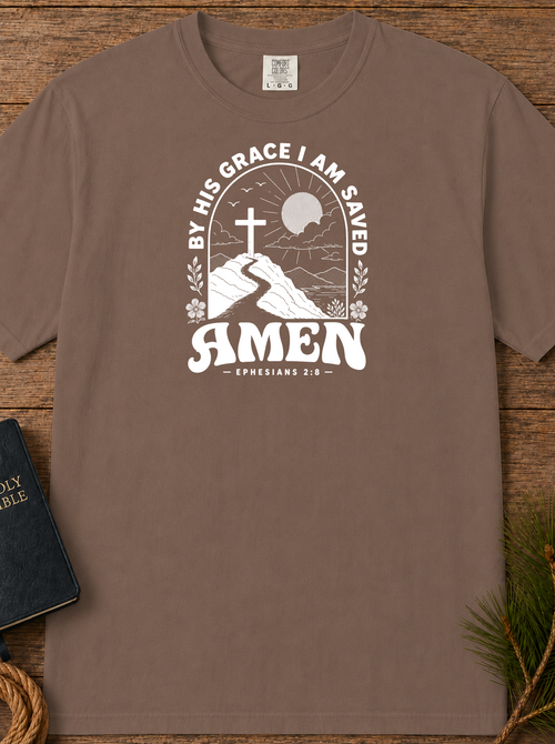 Amen Cross T-Shirt — 'By His Grace I Am Saved' Christian Faith Tee