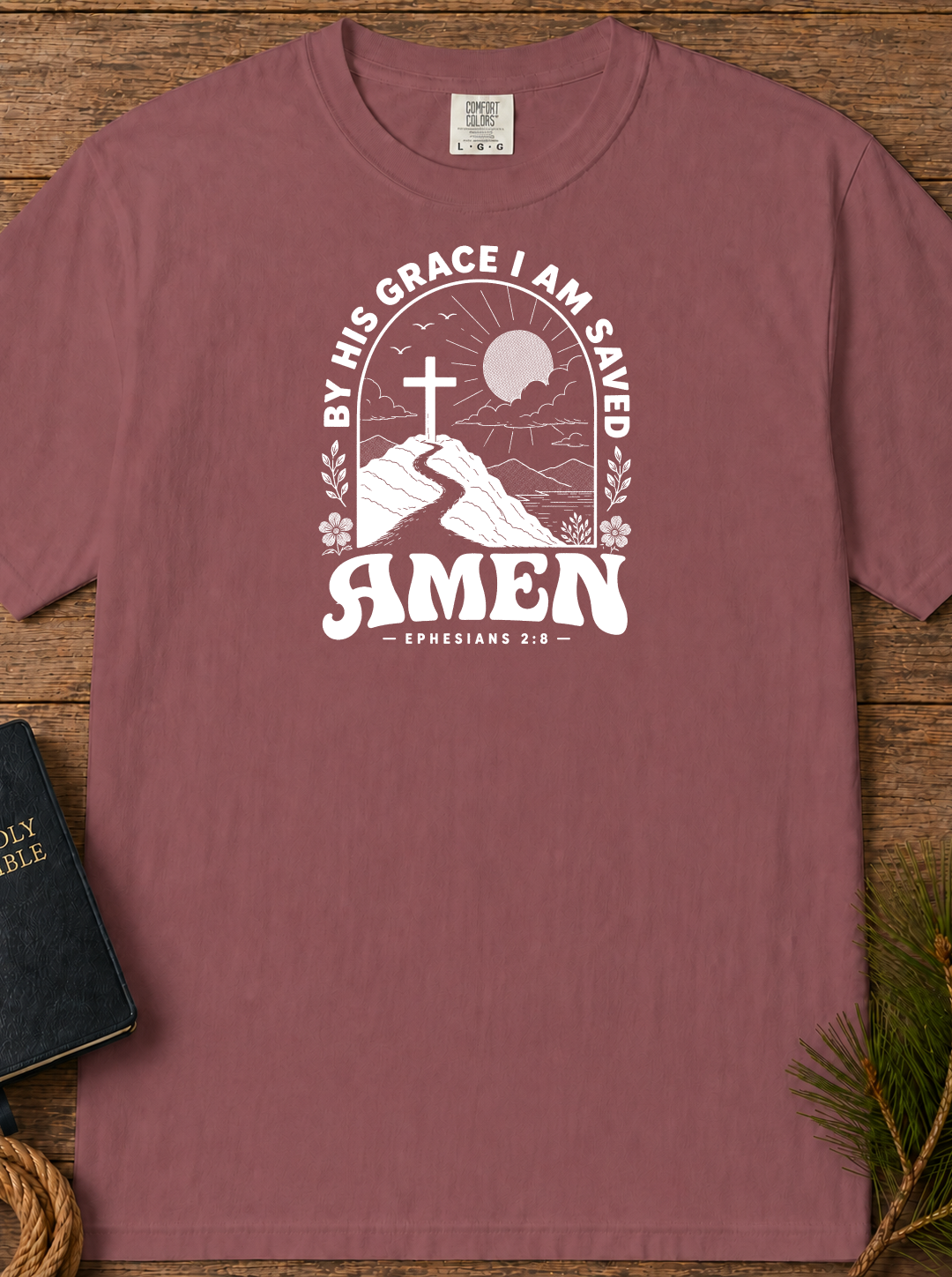 Amen Cross T-Shirt — 'By His Grace I Am Saved' Christian Faith Tee