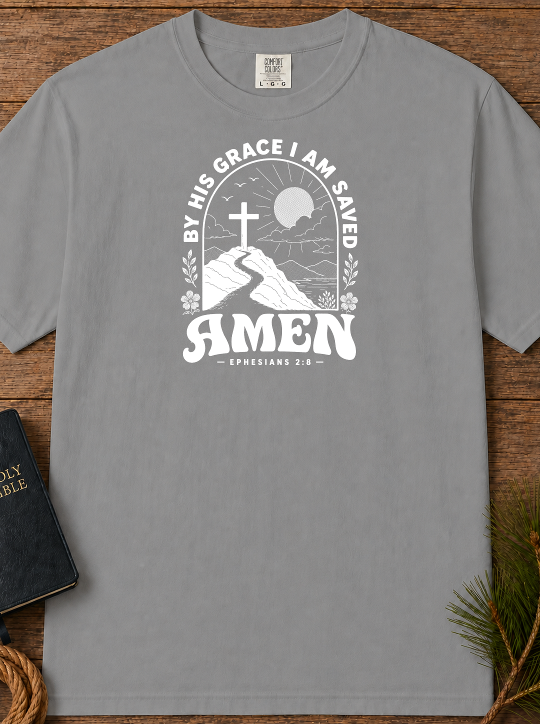 Amen Cross T-Shirt — 'By His Grace I Am Saved' Christian Faith Tee