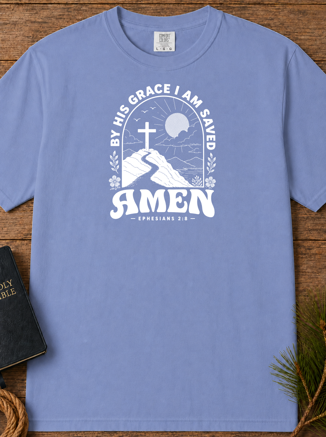 Amen Cross T-Shirt — 'By His Grace I Am Saved' Christian Faith Tee