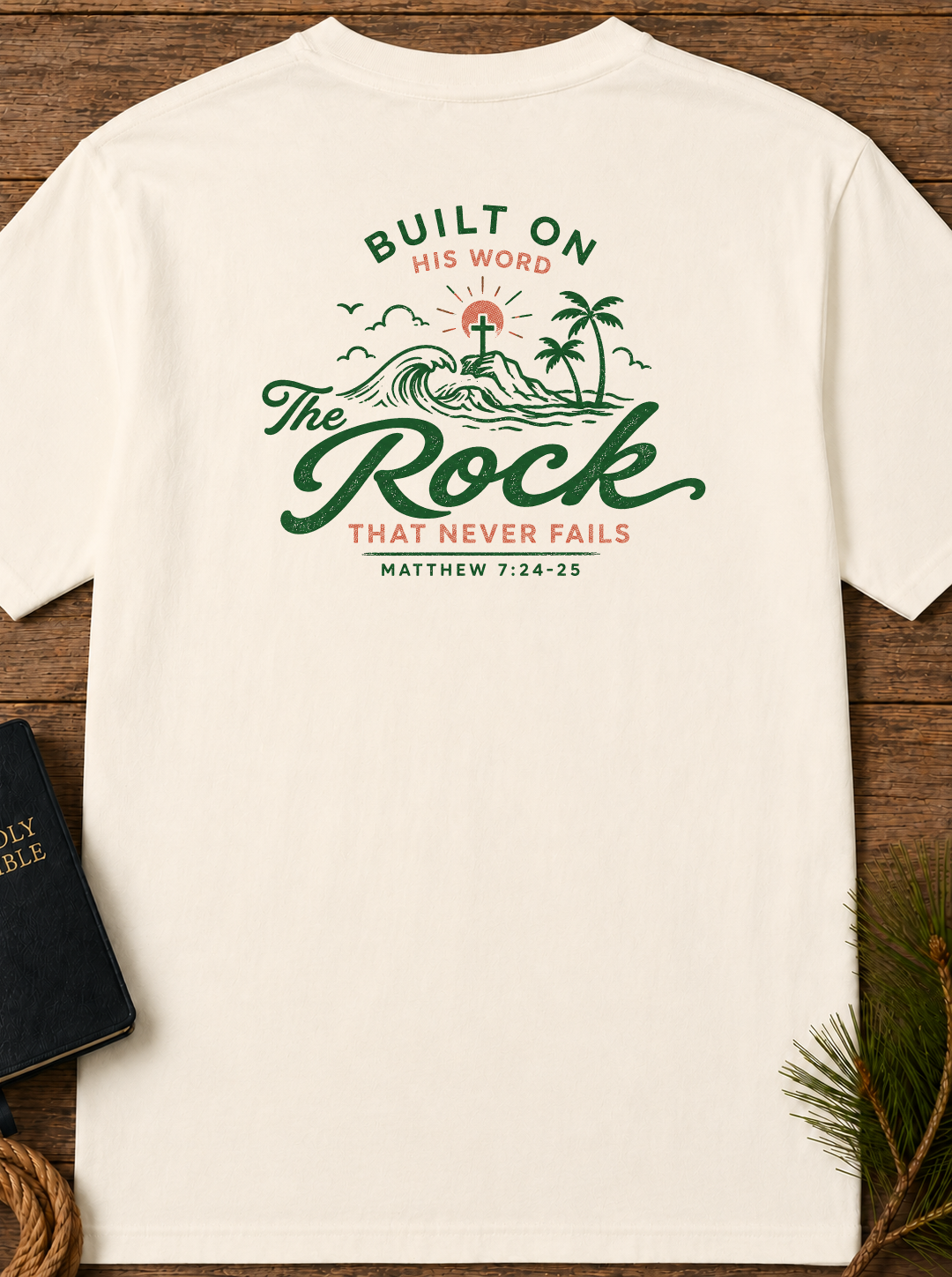 "Built on His Word / The Rock" Chest & Back Christian Graphic Tee