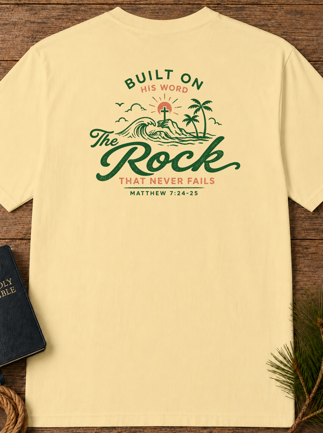 "Built on His Word / The Rock" Chest & Back Christian Graphic Tee