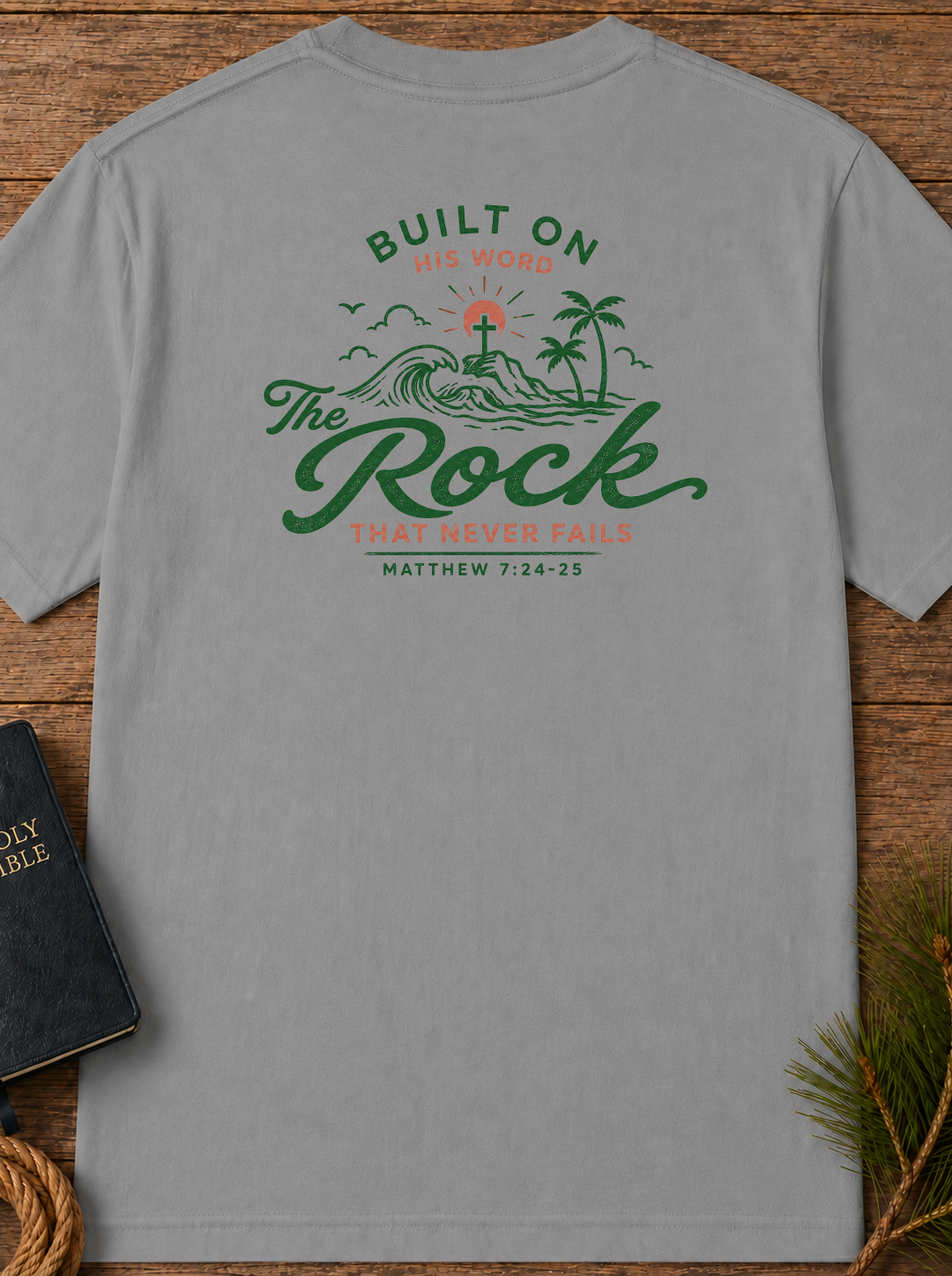 "Built on His Word / The Rock" Chest & Back Christian Graphic Tee