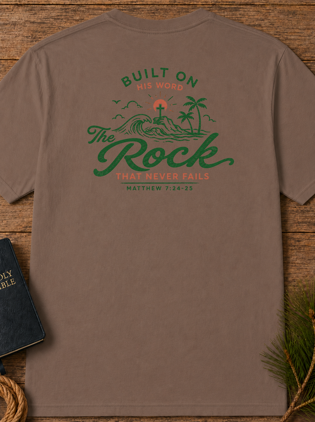 "Built on His Word / The Rock" Chest & Back Christian Graphic Tee