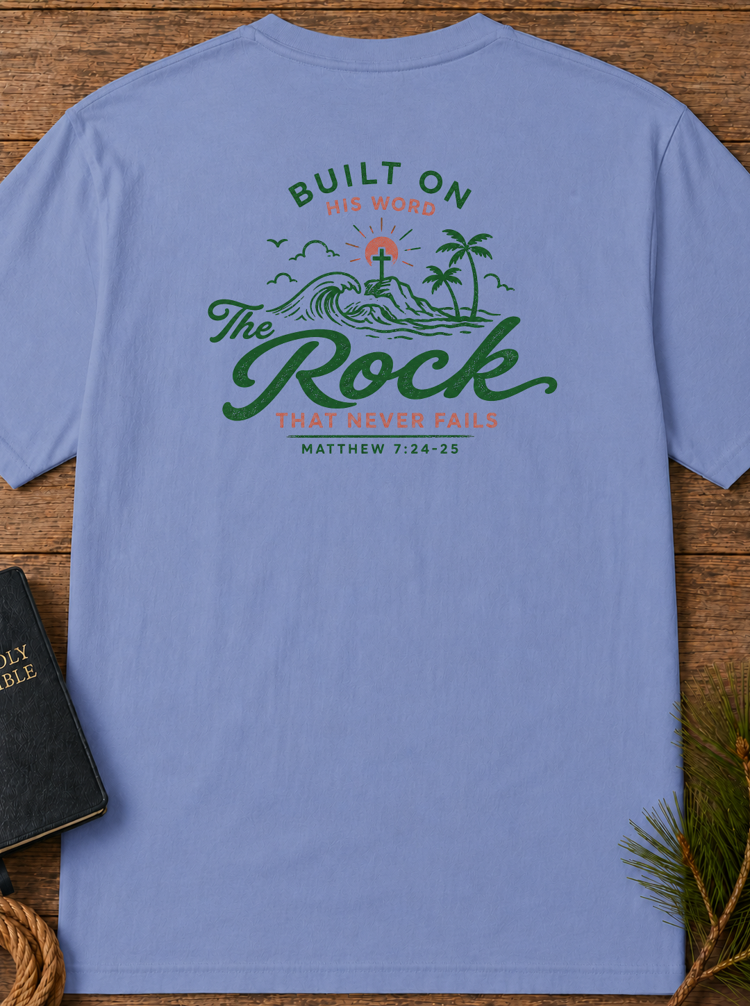 "Built on His Word / The Rock" Chest & Back Christian Graphic Tee