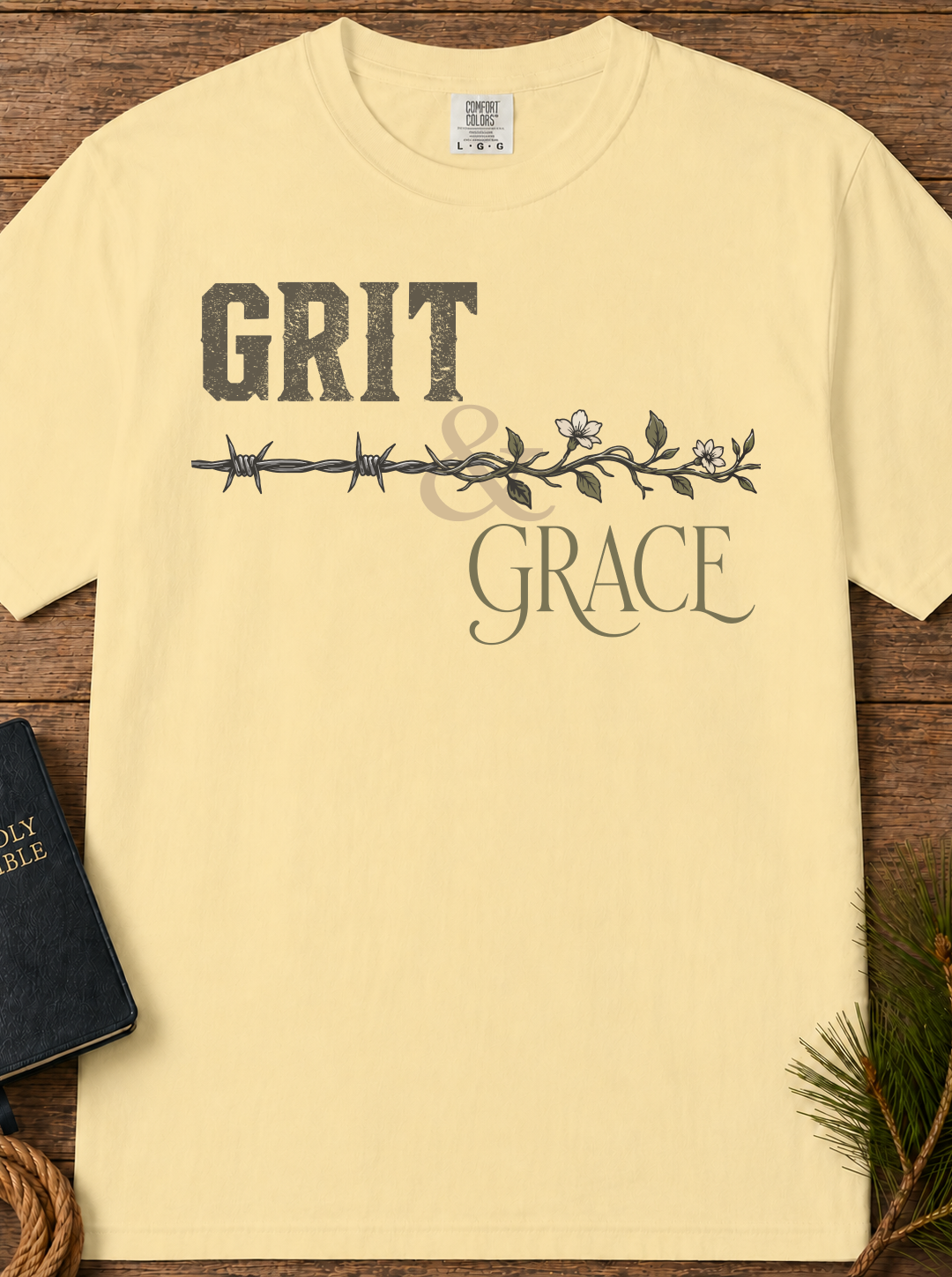 Grit & Grace T-Shirt | Barbed Wire Floral Typography