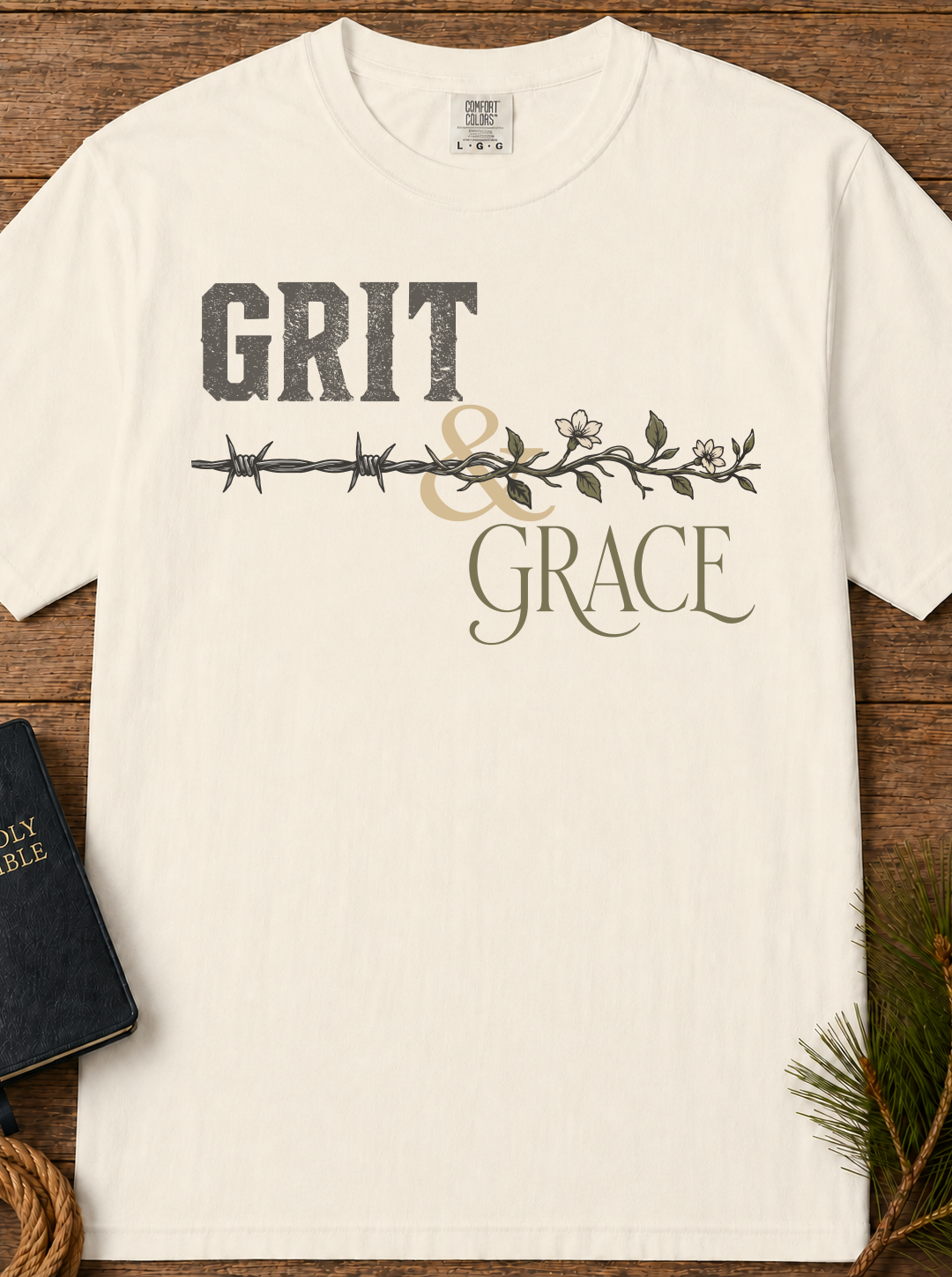 Grit & Grace T-Shirt | Barbed Wire Floral Typography